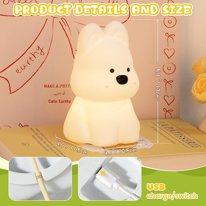 Night Light for Kids, Rechargeable Dimmable Silicone LED Nightlight with 7 Colors, Baby Nursery Night Lamp, Touch Squishy Lamp, Cute Gifts for Girls, Boys, Toddler Room Decor, Dog