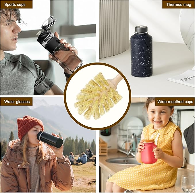 2-Pack Natural Wooden Bottle Brush with Sisal Bristles, Long Handle Bottle Brush Cleaner for Wide Mouth Jars, Water Bottles, Cups, Glasses, Baby Bottles (Non-Scratch)