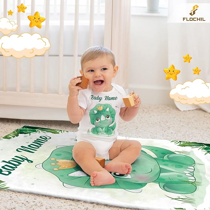 FLOCHIL Personalized Baby Blankets, Custom Baby Blanket - Baby Blanket with Name for Boys, Best Gift for Baby, Newborn Elephants Flush Fleece (30x40) (Dinosaur 3)