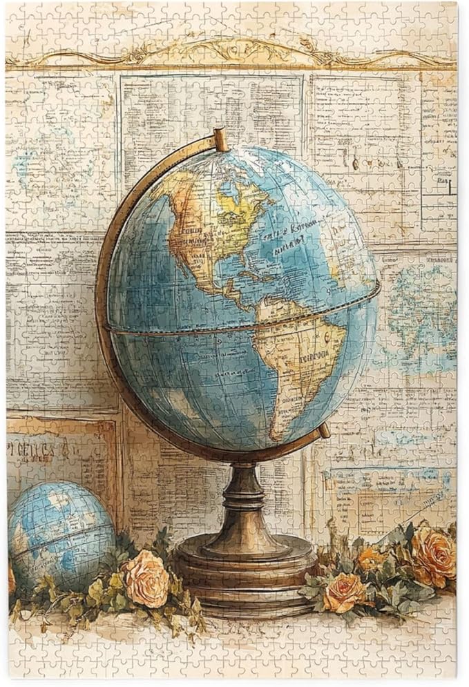 Elegant Globe Puzzle，World Map Inside, Vintage Backdrop, and Rose Detailing，1000 Piece Adults Wooden Jigsaw Puzzle，Puzzles Suitable for Entertaining with Family During Holidays