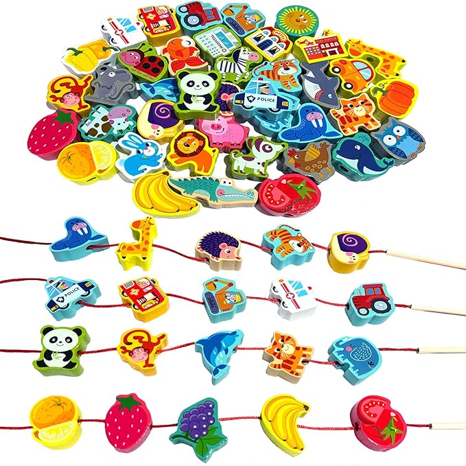 Montessori Wooden Lacing Beads for Kids,42 Pcs Preschool Activities String Car Animals Vegetables Beads Toys,Educational Threading Learning Beads Toys for Toddler 3 4 5 6 Year Old Boys Girls