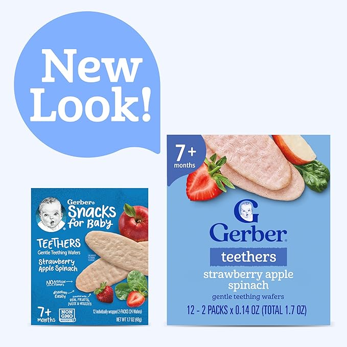 Gerber Teethers, Strawberry Apple Spinach Gentle Teething Wafers, Baby Teething Snacks, 6PK