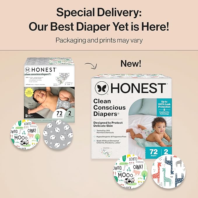The Honest Company Clean Conscious Diapers for Delicate Skin | Up to 100% Leakproof | Hypoallergenic, Fragrance Free | Gender Neutral | Club Box, Size 2 (12-18 lbs), 72 Count (Prints May Vary)