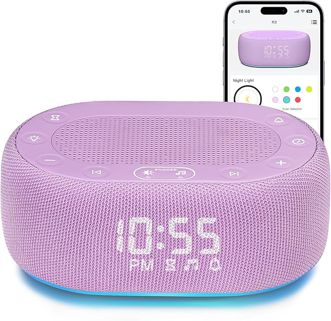 1Mii White Noise Sound Machine for Sleep, Pink Noise Machines for Baby Adults Sleeping, 18 Soothing Sounds with 7-Color Night Light, Timer, Alarm Clock, 16 Volume Levels, Remote App Control - Purple