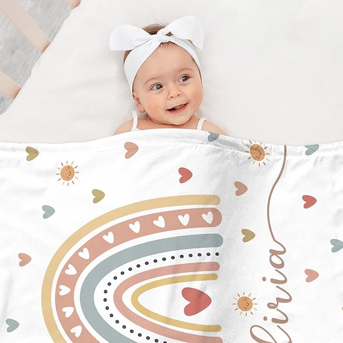 Personalized Baby Girl Blankets with Name, Custom Boho Rainbow Swaddle Blanket for Girls, Customize Newborn Shower Gifts for Baby Girl, Christmas Birthday Expecting Mom Gifts