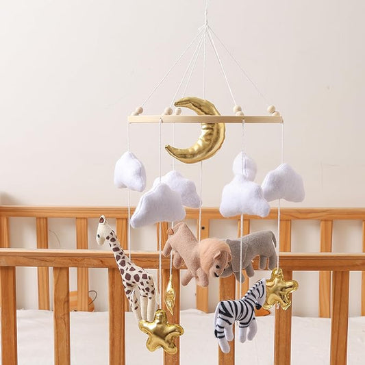 GOODMOM Nursery Mobile for Boys & Girls – Handmade Felt Animals Baby Crib Mobile with Bells – Savanna Theme Baby Nursery Decor – Creative Bassinet Mobile Gift for Newborns (Golden Dream)