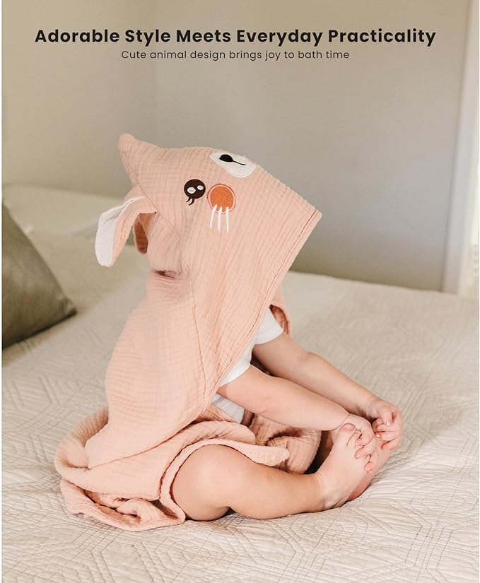 Konssy 2-Pack Muslin Baby Hooded Towels, 100% Cotton, Soft and Absorbent Baby Bath Towels for Newborn, Infant & Toddler with Animal Hooded Design(Bunny & Deer)