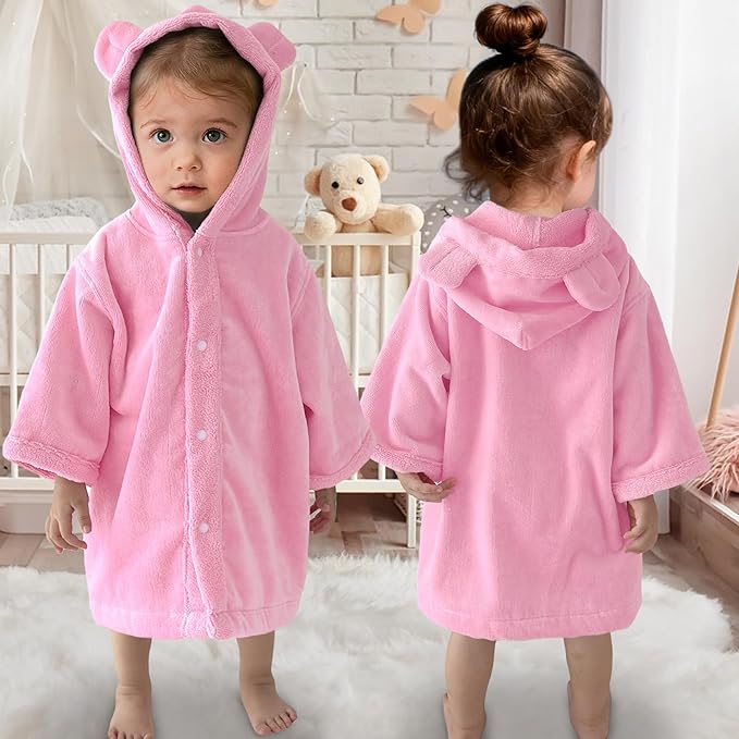 VOOVA & MOVAS Baby Hooded Towel with Bear Ear,0-3Years | 100% Cotton, Ultra-Soft & Absorbent | Gentle for Sensitive Skin, Bath, Pool & Beach Robe | Newborn (Pink)