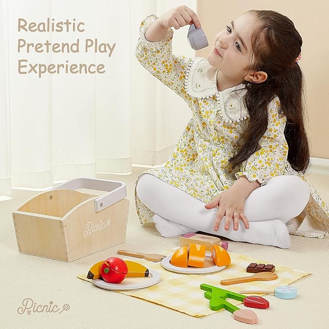 Wooden Picnic Basket Play Food Set – 21 PCS Pretend Kids Kitchen Toy with Blanket, Cutting Fruit & Dual Place Settings – Imaginative Outdoor Role-Play Gift for Toddlers Ages 3+