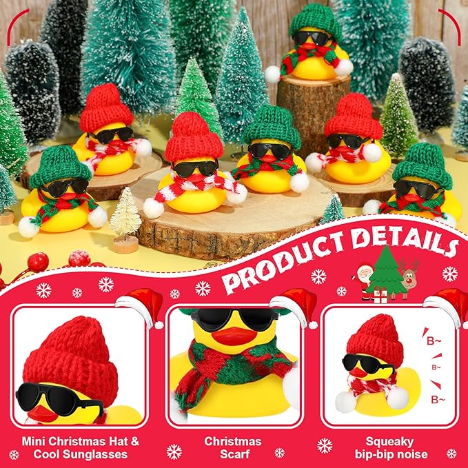 Syhood 24 Sets Christmas Mini Rubber Duck Bulk with Sunglasses Scarf Hats and Adhesive Dots Duckies Bath Toy Xmas Decor for Christmas Winter Gift Cruise Birthday Party (Classic Hat)