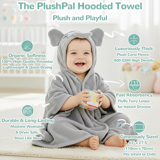 HECCEI HoodieHug Baby Towels, Premium Coral Fleece Bath Towel with Large Size-Ultra Absorbent for Baby Comfort- Great Gift for Newborn, Toddler and Kid (Elephant)