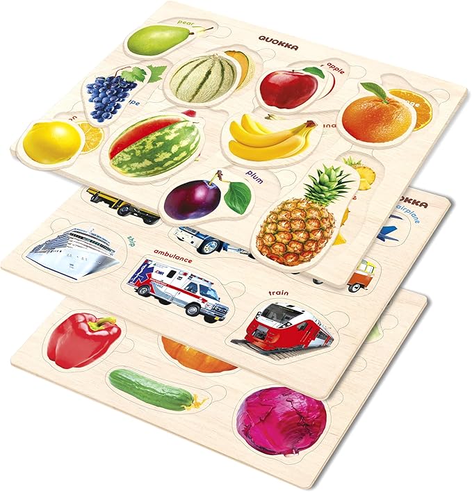 QUOKKA Wooden Puzzles for Toddlers 1-3 – 3xSET Kids Puzzles Ages 2-4 – Montessori Toy Puzzle for Toddlers 3-5 – Wood Toy Learning Realistic Fruits - Cars - Vegetables for Boy and Girl