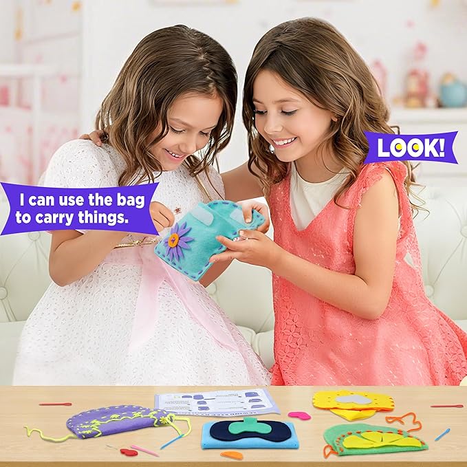 Flying Childhood Soft Felt Sewing Kit for Kids, Sewing My First Purses, Create 6 Simple and Cute DIY Sewing Bag Projects, Birthday Gifts Toys for Girls 4-12 Years Old, Help Improve Fine Motor Skills