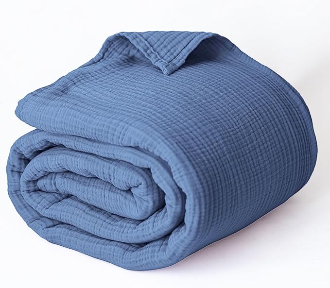 100% Turkish Cotton Muslin Blanket Queen Size 91"x95", 4-Layer Gauze Muslim Soft Light Breathable Blankets for Summer (Indigo, Queen Size: 91" x 95")