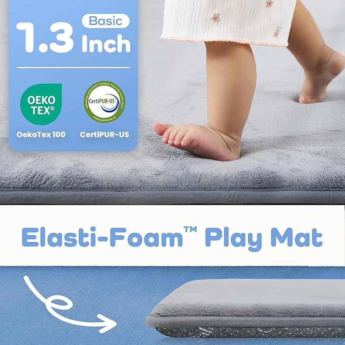 1.3" Thick Baby Floor Play Mat 79x158, Basic Padded Foam Mat for Tummy Time Crawling, Non Slip Cushioned for Babies Toddlers Infants Kids (Light Grey)