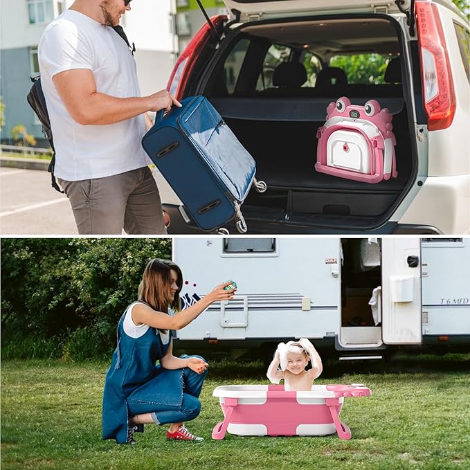 Collapsible Baby Bathtub for Newborns to Toddler with Real-time Temp Monitor & Floating Cushion,Portable Travel Tub for 0-36 Month, Foldable Baby Bath Tub for Infants Girl (Pink)