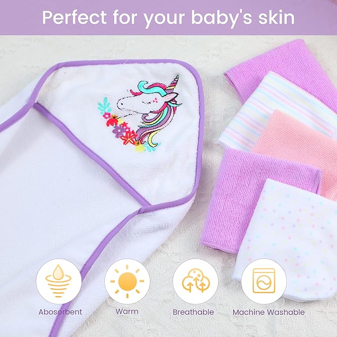 Viviland Baby Towels and Washcloths, Soft Absorbent Purple Baby Bath Towel Set, Unicorn Hooded Towels with 5 Infant Face Washcloths (6 Pieces)