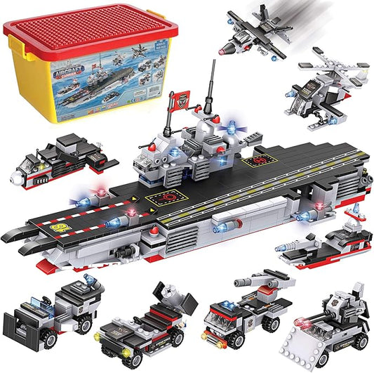 Liberty Imports 825pc Military Aircraft Carrier Fleet Construction Bricks Toy - 8-in-1 Naval Battleship Models with Navy Vehicles, Jets & More - Compatible with Major Brands - Storage Case Included