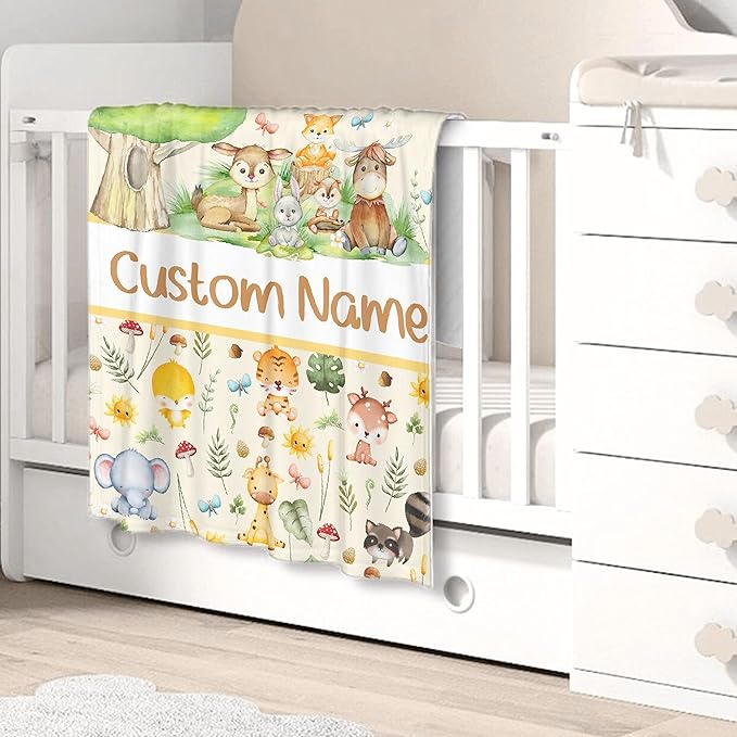 Personalized Baby Blanket for Girls Boys Animals Custom Baby Blanket with Name Swaddle Blanket for Toddlers Infants Kids Shower Newborns Nursery Stroller Crib Decor Throw Birthday Gift