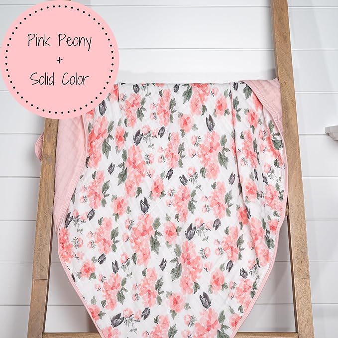 LollyBanks Muslin Baby Blanket 100% Organic Cotton, Muslin Quilt Lightweight, 6 Layers Soft Blanket for Girls, 47"x 47" Toddler Blankets, Nursery Receiving Blankets (Pink Peony Print)