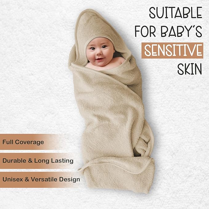 Organic Cotton Plush Woven Hooded Baby Towels, 31x31 Inches, Plush Bath Towels with Hood for Newborns and Kids, Girls & Boys (Ivory, 31.4" L x 31.4" W)