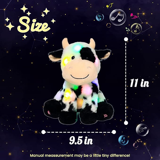 Hopearl LED Musical Stuffed Smile Cow Lighting Up Singing Plush Toy Adjustable Volume Lullaby Animated Soothe Birthday Festival for Kids Toddler Girls, 11'