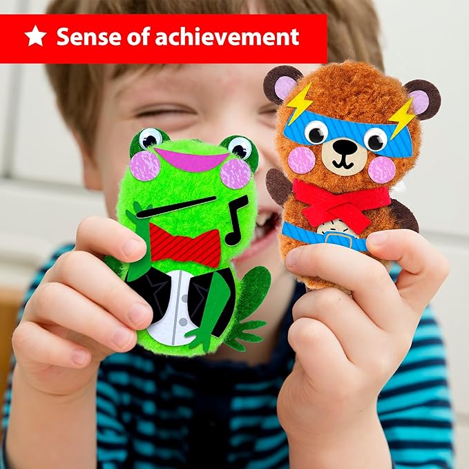 KRAFUN Easy Pom Pom Craft Kit for Kids, 8 Animal Crafts (Bear, Bunny, Panda), Felt Stickers, Instructions, Creative DIY Set for Girls and Boys, Educational Toy