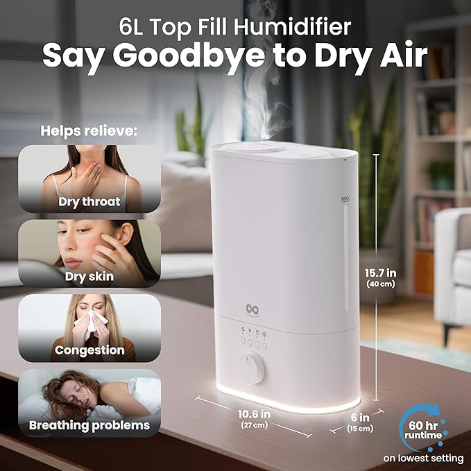Everlasting Comfort 6L Humidifier Large Room, High Mist Output 50+ HR Runtime Ultrasonic Top Fill Humidifiers for Bedroom, Easy to Use & Clean for Home, Baby Humidifier, Plants, Congestion, Indoor