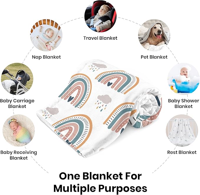 Custom Baby Name Blanket, Personalized Baby Blanket with Boho Rainbow and Hearts, Customized Shower Gift for Girls, Christmas Birthday Expecting Mom Gift for Baby Girls