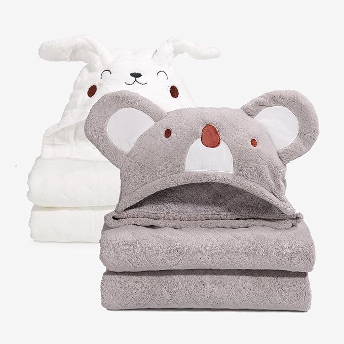 Toddler Towels for Boy & Girls 0-5 Years, 2-Pack Kids Towels with Hood Soft Absorbent, 50"x32" Large Thick Bath Towel for Kids and Plush toallas de baño para Bebe,White Rabbit & Grey Koala