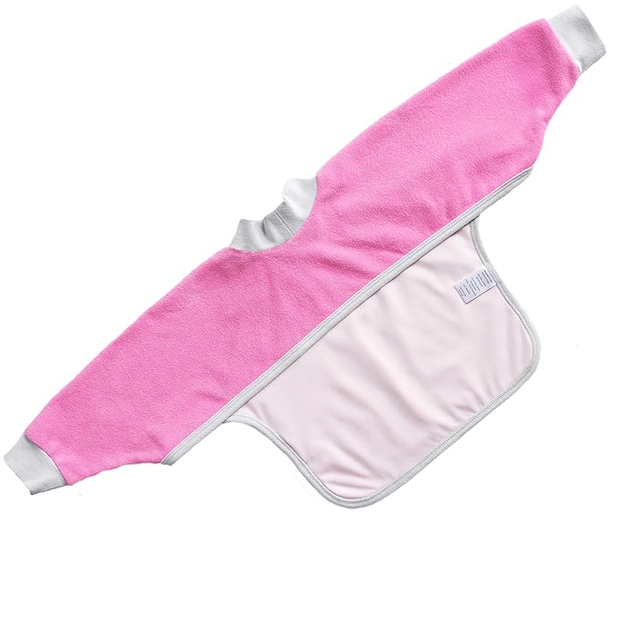 Kiddologic Bibit-all Baby Feeding Bib, Long Sleeves with Ribbed Cuffs and High Collar, Stretchy Pullover Smock, Soft Absorbent Terry, Waterproof Lining, Infant Girl 6-12 Months, Wild Orchid (Pink)