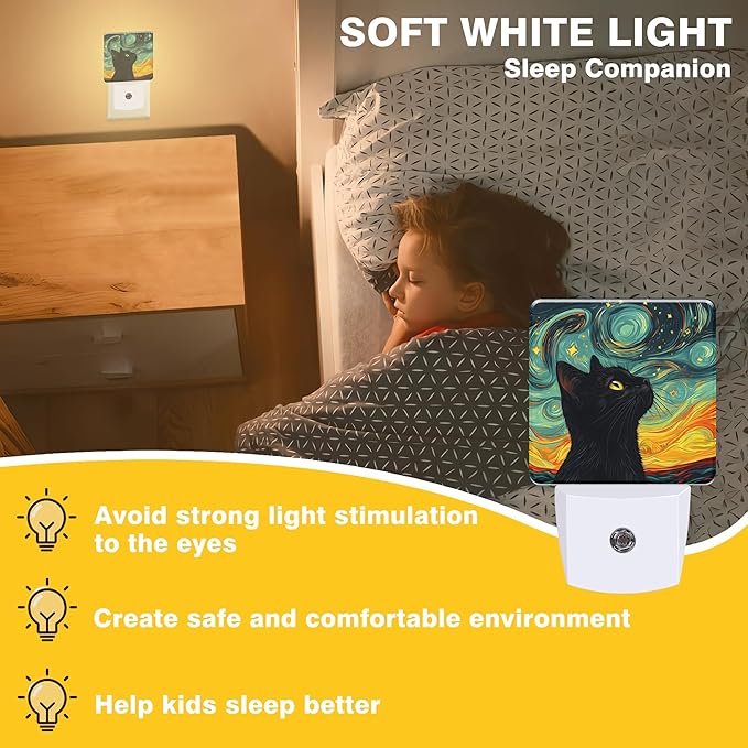 Starry Night Night Light Black Cat Watching Stars Night Lights Plug into Wall Smart Dusk to Dawn Sensor 0.5W Energy Efficient Led Lamp for Men Women Bedroom Bathroom Hallway Stairway Decor