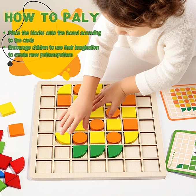 Mosaic Shape Wooden Pattern Blocks Puzzle, 120 PCS Wooden Pattern Blocks with 20 Pcs Design Cards,Kindergarten Classic Educational Geometric Shape Puzzle Toys for Kids Ages 4-8