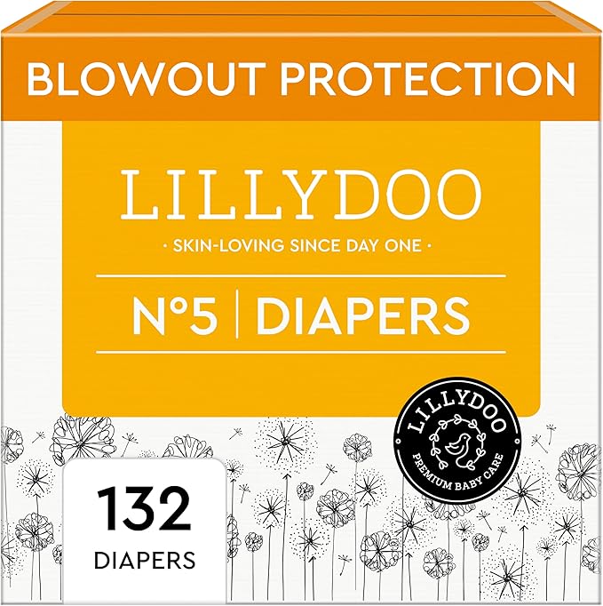 LILLYDOO Baby Diapers - Size 5 (24-35 lbs), Monthly Supply (132 Count), Leak Protection, Skin-Friendly, Ultrasoft, Perfume- & Chlorine-Free, Hypoallergenic, Dermatologist Tested, Oeko-TEX®