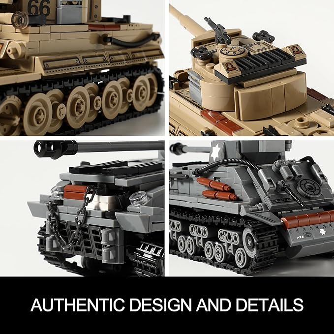 WW2 Army Tank Toys Building Kit Compatible with Lego, Create a German Tiger & an American M4 Sherman Models with 1184 Blocks, Great Military Toy Gifts for Boys, Kids Age 8-14