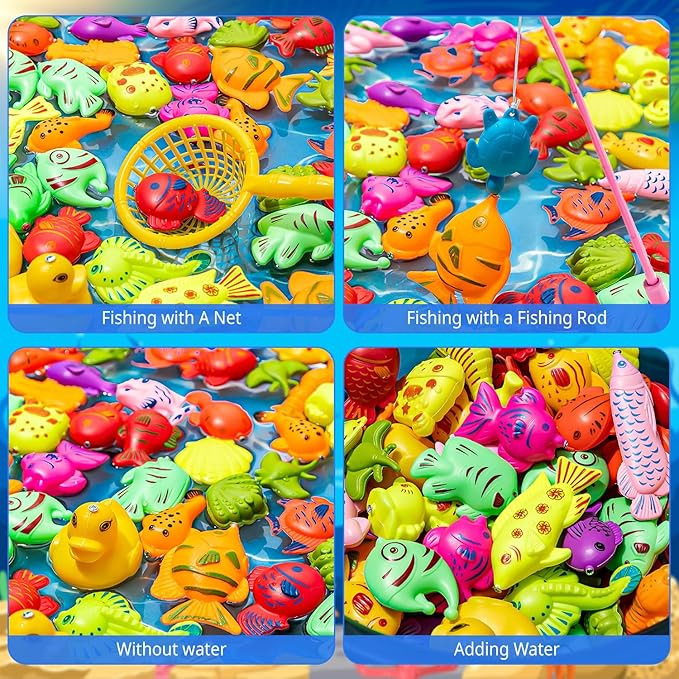 62Pcs Magnetic Fishing Game for Kids, Bathtub Kiddie Party Toy, Plastic Floating Fish with Pole Rod Net, Bath Toys for Kids Ages 4-8