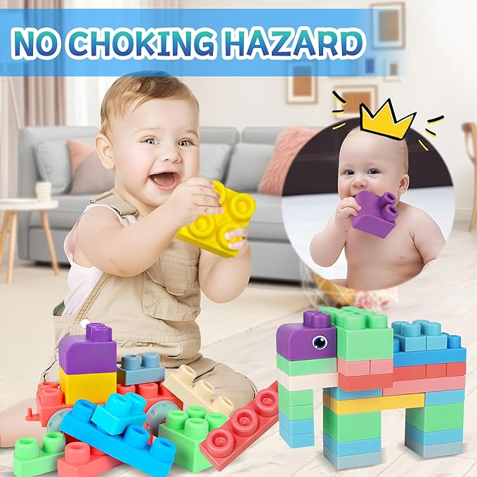 Baby Soft Blocks Set, Big Building Block Toys, Soft Rubber Blocks for Babies 6 Months and Up STEM Educational Toddler Gifts, Baby Soft Blocks Sensory Stacking Toys, 80PCS
