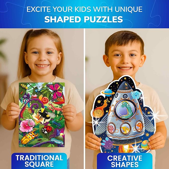 QUOKKA Shimmer Puzzles for Kids Ages 4-6 – 48 Piece Shaped Jigsaw Puzzles for Toddlers 3-5 – 4-Pack Dragon, Rocket, Firetruck & Dinosaur Children's Game Ages 4-8 – Unique Gift Toy for Preschoolers