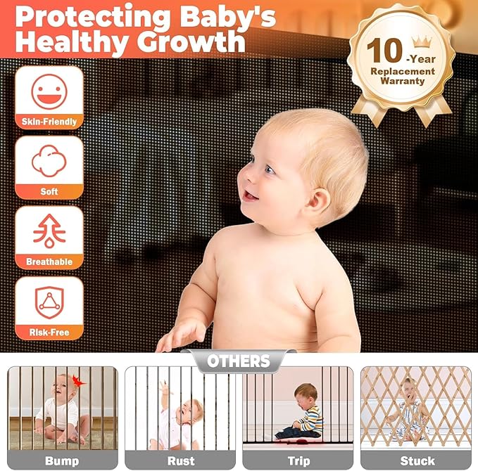 Retractable Baby Gates for Stairs, 55" Wide Retractable Dog Gate Pet Gate, 34" Extra Tall Child Safety Gate Toddler Mesh Gate with Support Rods for Doorways, Hallways, Deck, Porch, Indoor, Outdoor