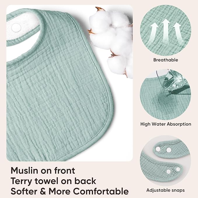Bearmoss Muslin Baby Drooling Bibs 8 Pack, 100% Cotton Square Adjustable Bandana Bibs Gift for Baby Girls Boys Teething Drool