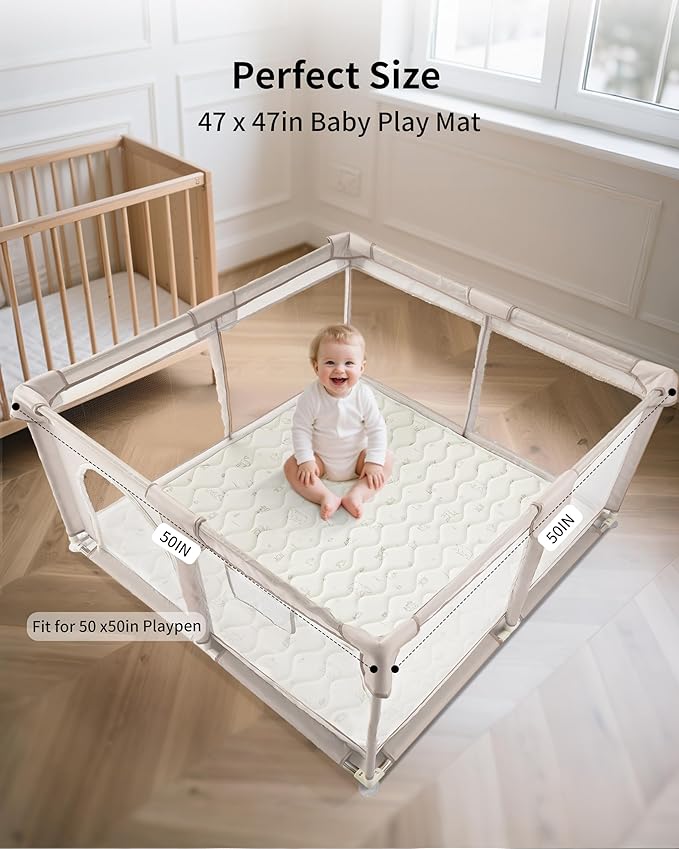 Fortella Baby Play Mat for Playpen & Floor, 47“x47” Foldable Foam Padded Playmats for Babies Toddlers Kids, Washable Soft Non-Slip Crawling Rug, Newborn Tummy Time Nursery Gym Activity (Forest Beige)