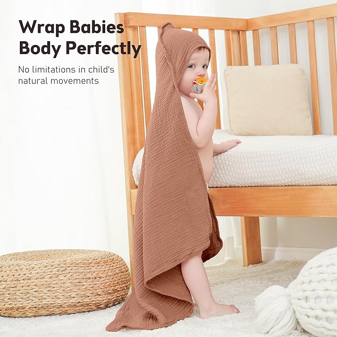 Susurration Hooded Baby Towels for Newborn 2 Pack 100% Muslin Cotton Towel for Babies，Highly Absorbent and Newborn Essential 30x30 Inch (Brown)