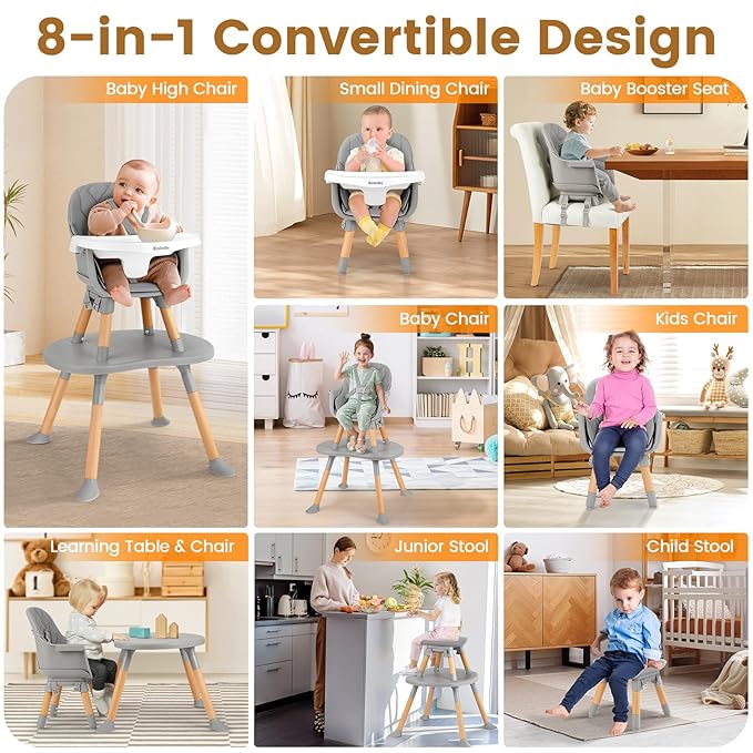 Ezebaby Baby High Chair, 8 in 1 Convertible High Chairs to Booster Seat/Toddler Chair/Table and Chair Set, Wooden High Chair with Adjustable Tray & PU Cushion(Grey)