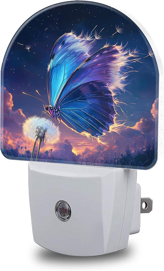 Night Light, Blue Butterfly on Dandelion Flower Night Lights Plug into Wall Dusk to Dawn Sensor Round Nightlight for Women Men Energy Efficient Led Lamp 0.5W for Stairway Hallway Bedroom