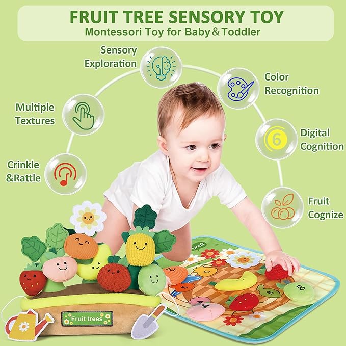Toddlers Montessori Toys, Fruits Tree Baby Sensory Toys for 1 2 3 Year Old Boy Girl, Infant Toys with Rattle,Numeric Crinkle Tissues, Color Shape Sorting Numeracy Skills Birthday Gift for Age 0-2+