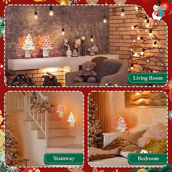 Tfro & Cile Ceramic Christmas Tree Night Light 2 Pack Xmas Decorative Tree Lamp Small Vintage Light Up Bathroom Decor with On/Off Switch for Home Bedroom