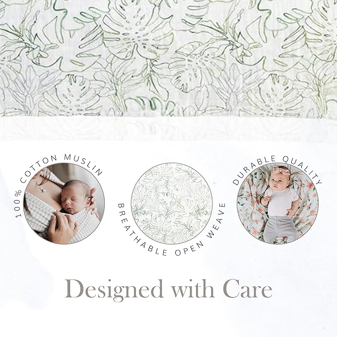RED ROVR 100% Certified Organic Cotton Muslin Swaddle | Newborn Receiving Blanket | Baby Wrap | Boy, Girl, Unisex | Soft, Lightweight, Breathable | Burping, Nursing, Swaddling | 44"x44" | Jungle Lea
