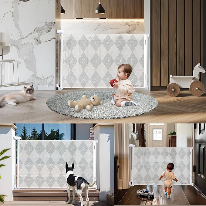 Retractable Mesh Baby Gate, 34" Tall, Extends up to 55" Wide, Child Safety Gate for Doorways, Stairs, Hallways, Indoor/Outdoor (34"x55", Grid Pattern)