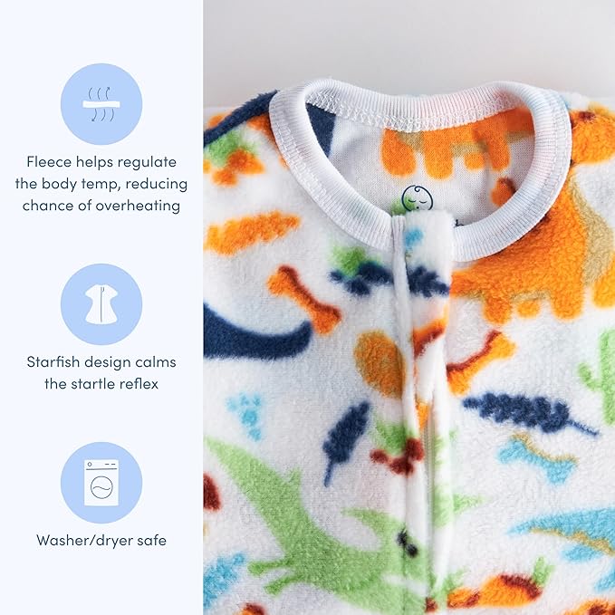 SleepingBaby Zipadee-Zip Transition Swaddle - Cozy Fleece Wearable Blanket with Two-Way Zipper for Baby Sleep - Dino, Medium (6-12 Month)