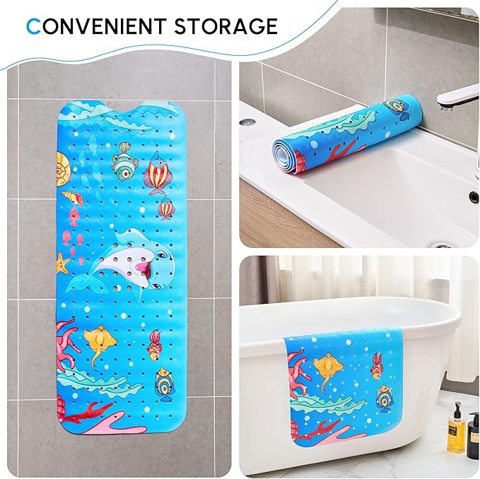 Vannokor Baby Bath Mat for Tub Non Slip Kids, 40 X 16 Inch Extra Long Bathtub Mat with Drain Holes and Suction Cups, Anti Slip Shower Mat Machine Washable, Dolphin